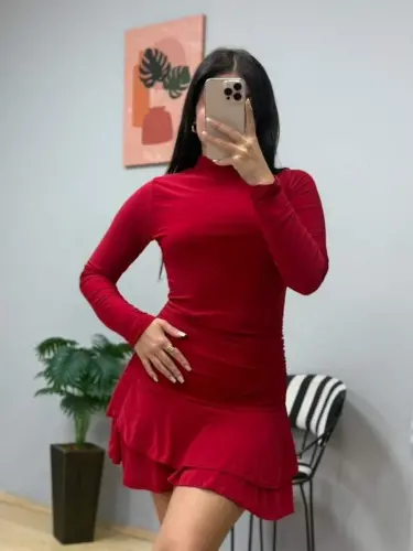 Kadın Uzun Kollu Balıkçı Yaka Mini Fırfırlı Sandy Elbise - 4