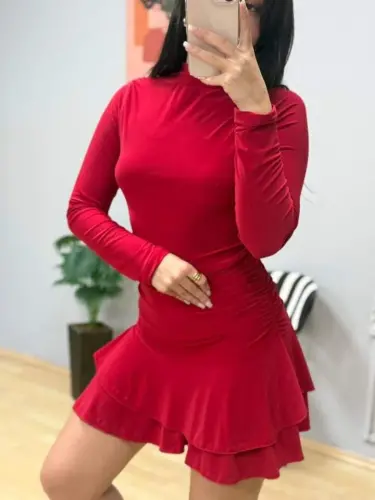 Kadın Uzun Kollu Balıkçı Yaka Mini Fırfırlı Sandy Elbise - 5