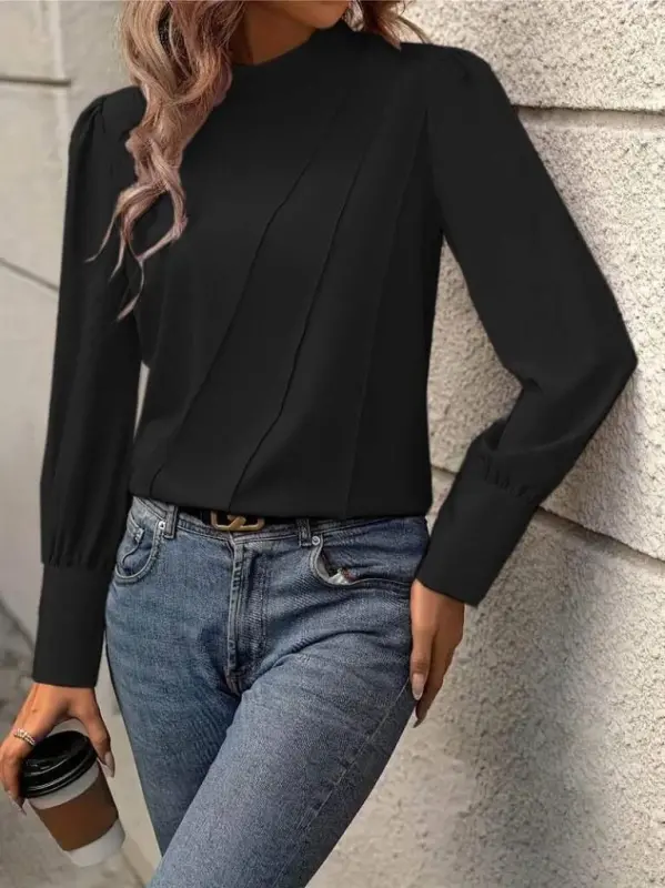 Kadın Uzun Kollu Balıkçı Yaka önden Dikişli Dokuma Bluz - BÜYÜKBEDENIZ