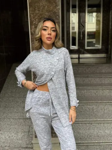 Kadın Uzun Kollu Balıkçı Yaka önden Düğmeli Bluz Ve Pantolon Yumoş Ikili Takım - 5