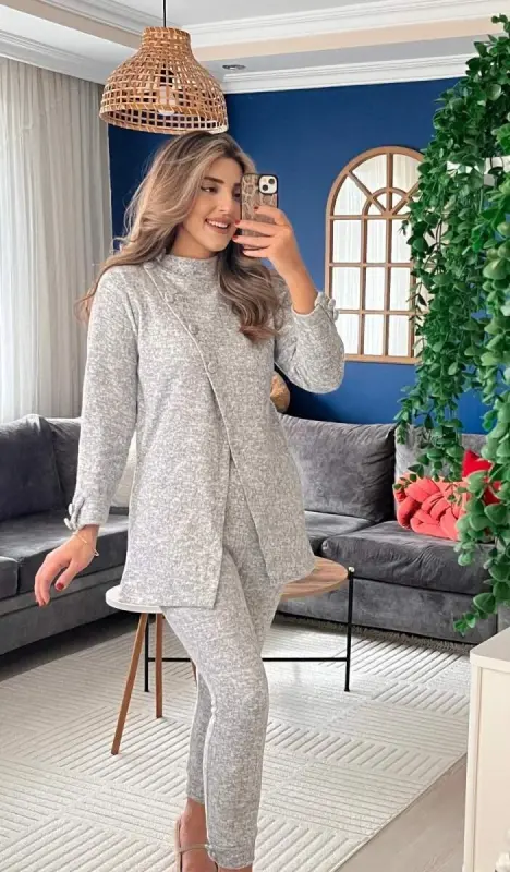 Kadın Uzun Kollu Balıkçı Yaka önden Düğmeli Bluz Ve Pantolon Yumoş Ikili Takım - 1