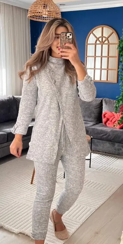 Kadın Uzun Kollu Balıkçı Yaka önden Düğmeli Bluz Ve Pantolon Yumoş Ikili Takım - 2