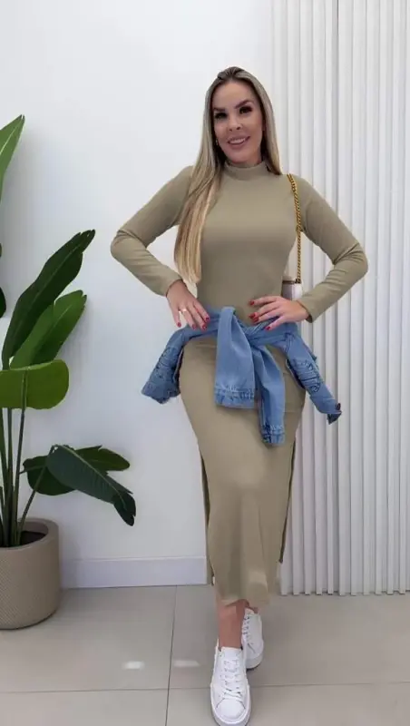 Kadın Uzun Kollu Balıkçı Yakalı Yanlardan Yırtmaçlı Kaşkorse Maxi Elbise - 1