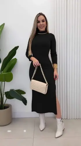 Kadın Uzun Kollu Balıkçı Yakalı Yanlardan Yırtmaçlı Kaşkorse Maxi Elbise - 5