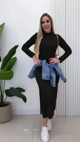 Kadın Uzun Kollu Balıkçı Yakalı Yanlardan Yırtmaçlı Kaşkorse Maxi Elbise - 7