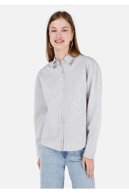 Normal Kesim Shirt Yaka Çizgili Beyaz Kadın Uzun Kol Gömlek - BEYAZ - 1