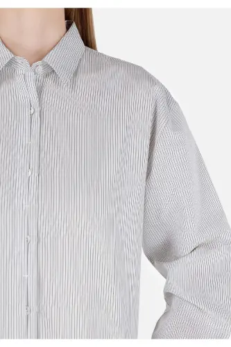Normal Kesim Shirt Yaka Çizgili Beyaz Kadın Uzun Kol Gömlek - BEYAZ - 5