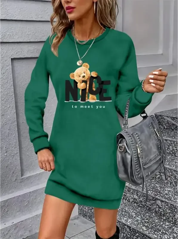 Kadın Uzun Kollu Bisiklet Yaka Ayı Desenli Viskon Iki Iplik Elbise - BÜYÜKBEDENIZ