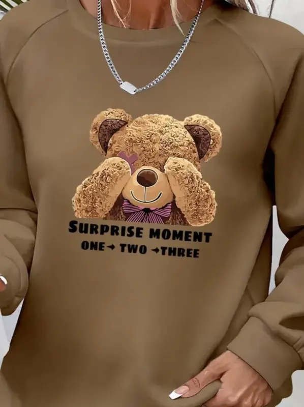 Kadın Uzun Kollu Bisiklet Yaka Ayıcık Desenli Viskon Iki Iplik Bluz - 2