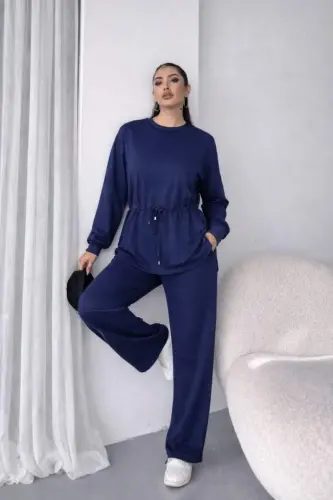 Kadın Uzun Kollu Bisiklet Yaka Belden Büzgülü Bağcıklı Viskon Iki Iplik Bluz Ve Pantolon Ikili Takım - 1