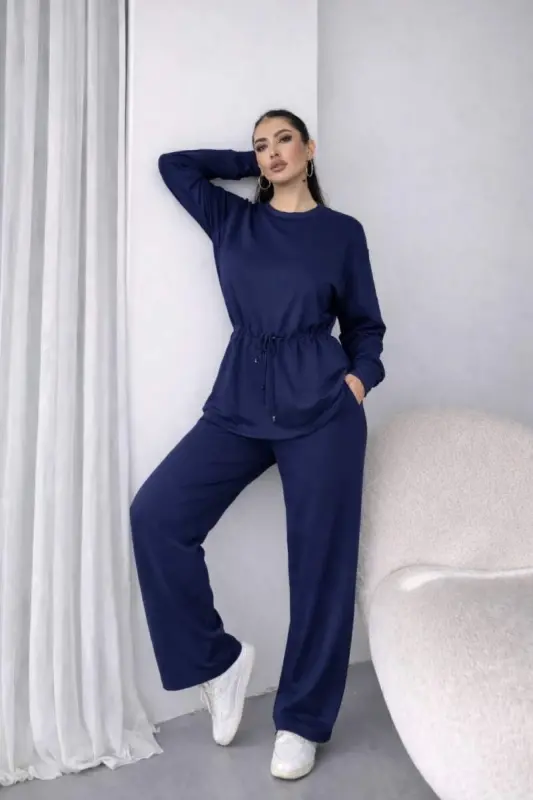 Kadın Uzun Kollu Bisiklet Yaka Belden Büzgülü Bağcıklı Viskon Iki Iplik Bluz Ve Pantolon Ikili Takım - 2