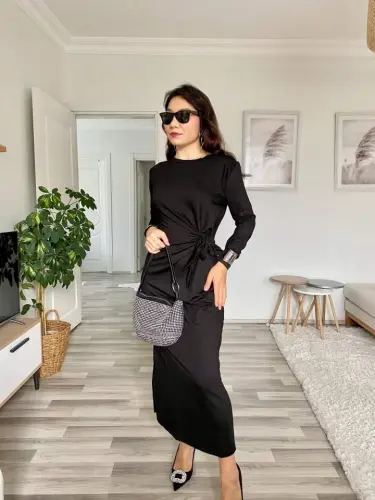 Kadın Uzun Kollu Bisiklet Yaka Belden çapraz Bağlamalı Yandan Yırtmaçlı Uzun Viskon Iki Iplik Elbise - 2