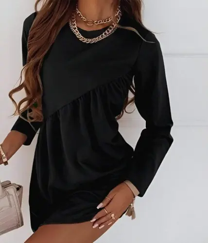 Kadın Uzun Kollu Bisiklet Yaka çapraz Büzgü Detay Iki Iplik Mini Boy Elbise - BÜYÜKBEDENIZ (1)