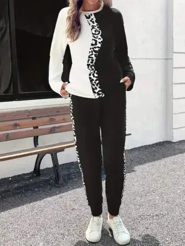 Kadın Uzun Kollu Bisiklet Yaka çift Renkli Viskon Iki Iplik Bluz Ve Pantolon Ikili Takım - 1