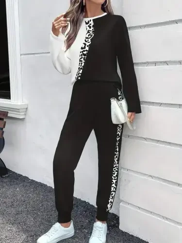 Kadın Uzun Kollu Bisiklet Yaka çift Renkli Viskon Iki Iplik Bluz Ve Pantolon Ikili Takım - 3