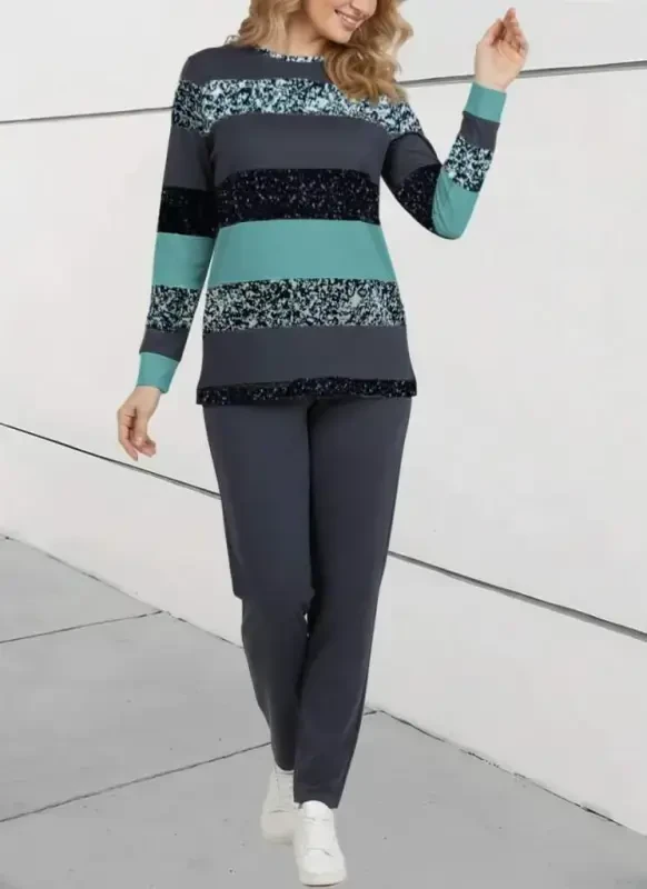 Kadın Uzun Kollu Bisiklet Yaka çizgili Desen Iki Iplik Bluz Ve Pantolon Ikili Takım - 4