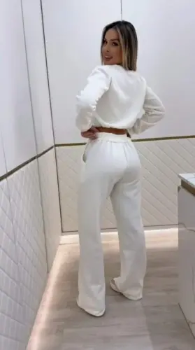 Kadın Uzun Kollu Bisiklet Yaka Desenli Iki Iplik şardonlu Bluz Ve Pantolon Ikili Takım - 2