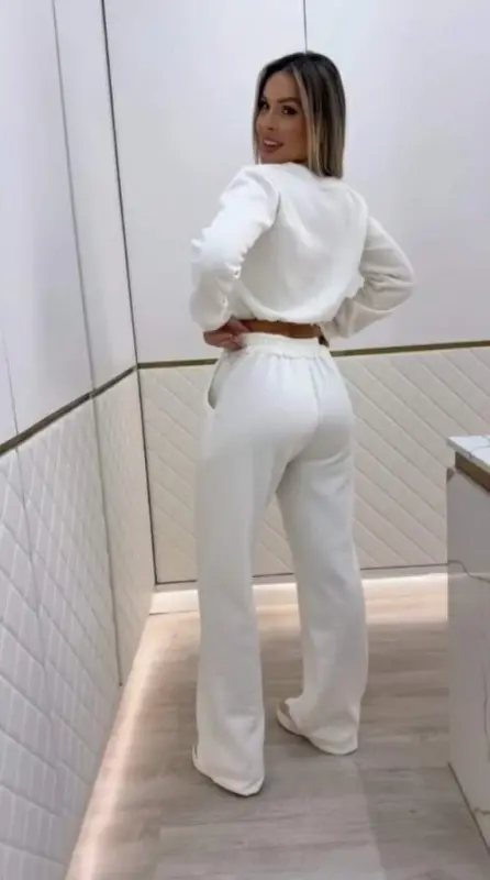 Kadın Uzun Kollu Bisiklet Yaka Desenli Iki Iplik şardonlu Bluz Ve Pantolon Ikili Takım - 2