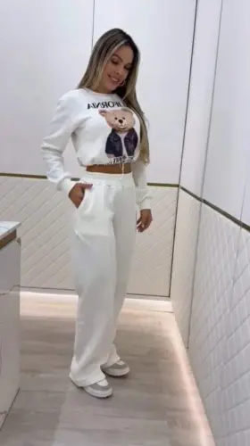 Kadın Uzun Kollu Bisiklet Yaka Desenli Iki Iplik şardonlu Bluz Ve Pantolon Ikili Takım - 3