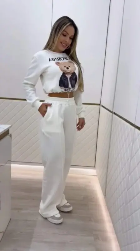 Kadın Uzun Kollu Bisiklet Yaka Desenli Iki Iplik şardonlu Bluz Ve Pantolon Ikili Takım - 3