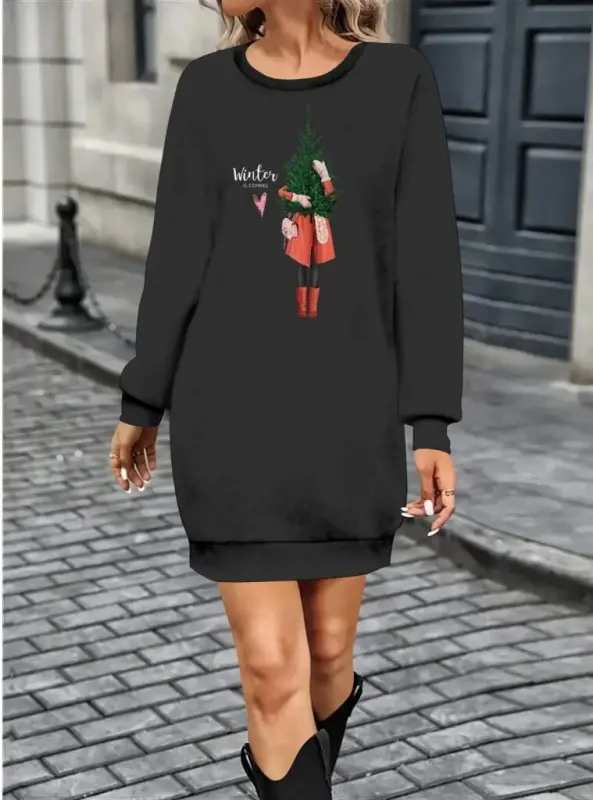 Kadın Uzun Kollu Bisiklet Yaka Desenli Kısa Viskon Iki Iplik Elbise - 1