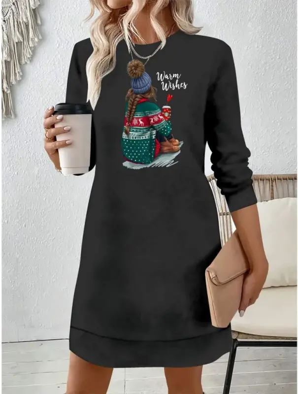 Kadın Uzun Kollu Bisiklet Yaka Desenli Viskon Iki Iplik Elbise - BÜYÜKBEDENIZ