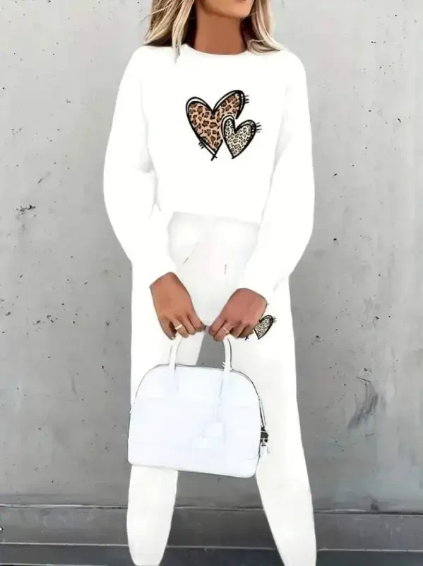 Kadın Uzun Kollu Bisiklet Yaka Kalp Desenli şardonlu üç Iplik Bluz Ve Pantolon Ikili Takım - 2