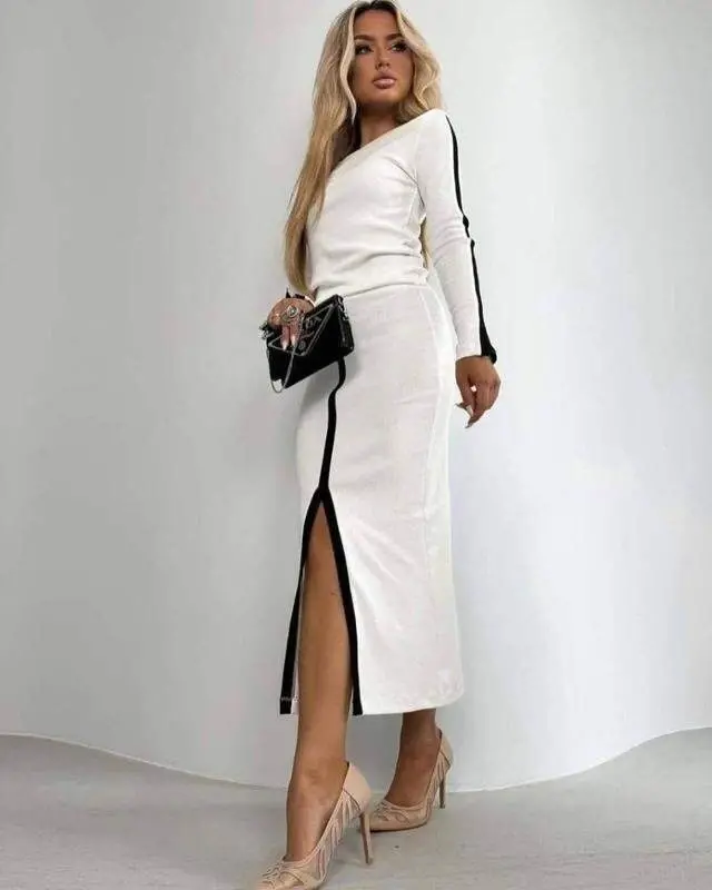 Kadın Uzun Kollu Bisiklet Yaka Kaşkorse Bluz Ve Yırtmaçlı Etek Ikili Takım - 3