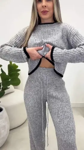 Kadın Uzun Kollu Bisiklet Yaka Kısa Trıko Bluz Ve Pantolon Ikili Takım - 4