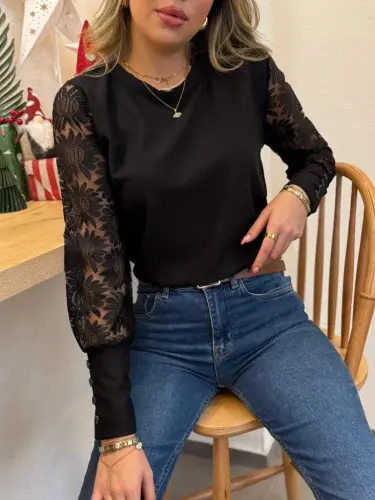 Kadın Uzun Kollu Bisiklet Yaka Kolları çiçekli Waffle Bluz - 7