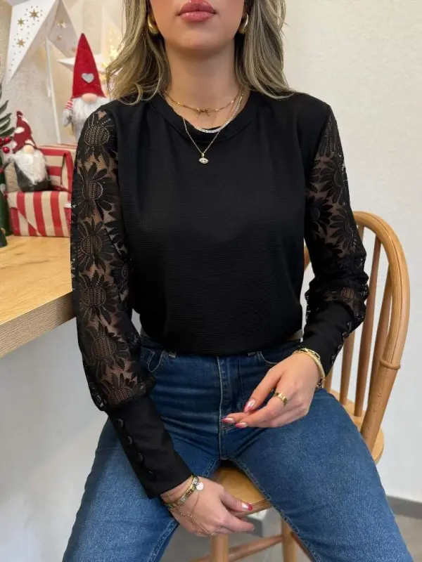 Kadın Uzun Kollu Bisiklet Yaka Kolları çiçekli Waffle Bluz - 8