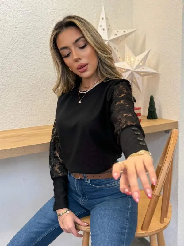 Kadın Uzun Kollu Bisiklet Yaka Kolları çiçekli Waffle Bluz - 9