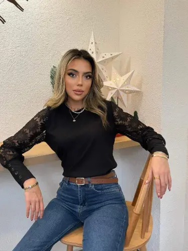 Kadın Uzun Kollu Bisiklet Yaka Kolları çiçekli Waffle Bluz - 11