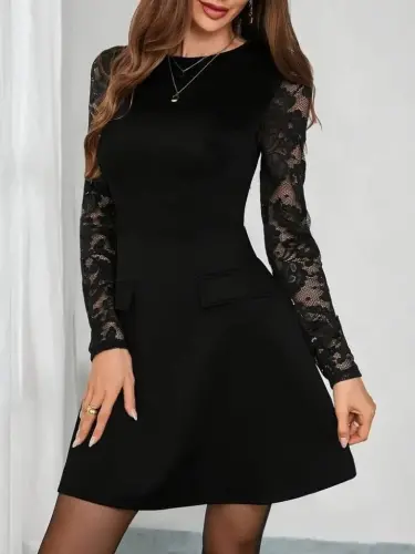 Kadın Uzun Kollu Bisiklet Yaka Kolları Tül Detaylı Mini Ithal Krep Elbise - BÜYÜKBEDENIZ (1)