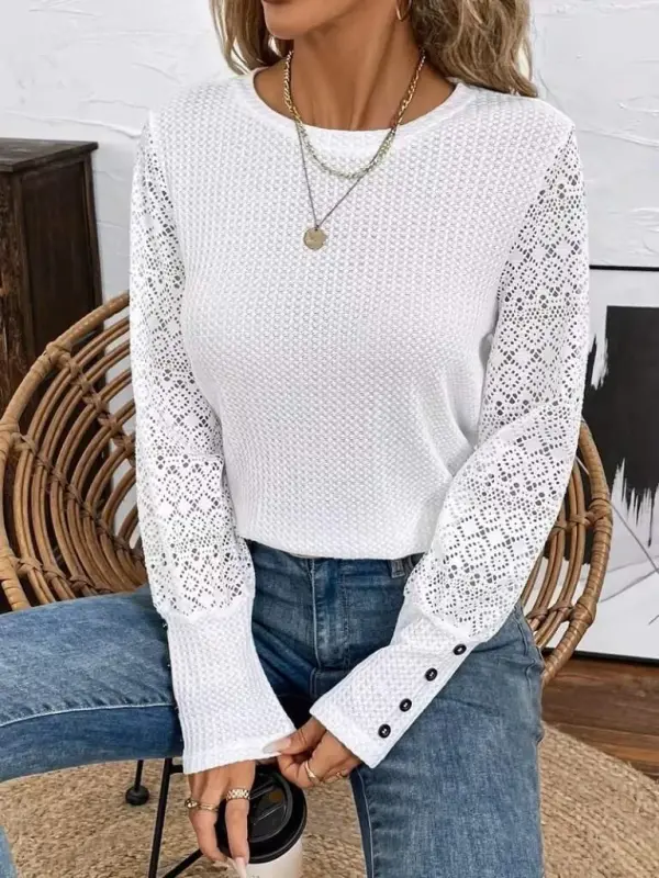 Kadın Uzun Kollu Bisiklet Yaka Kolları Tüllü Waffle Bluz - BÜYÜKBEDENIZ