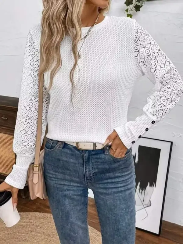Kadın Uzun Kollu Bisiklet Yaka Kolları Tüllü Waffle Bluz - 4