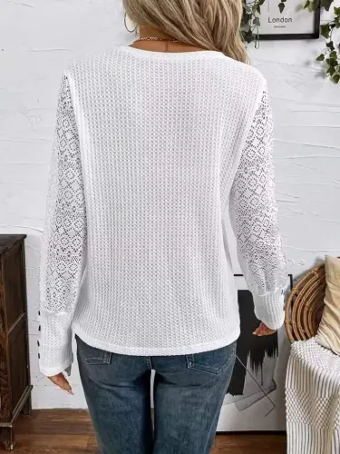 Kadın Uzun Kollu Bisiklet Yaka Kolları Tüllü Waffle Bluz - 3