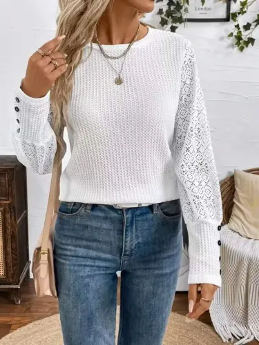 Kadın Uzun Kollu Bisiklet Yaka Kolları Tüllü Waffle Bluz - 5