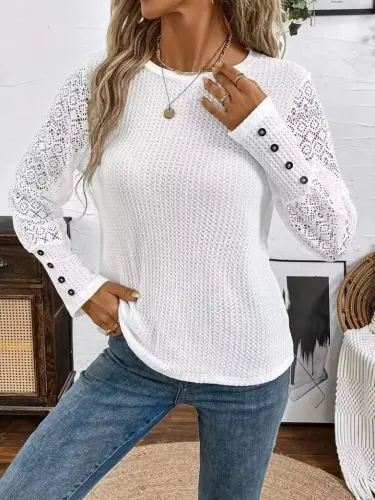 Kadın Uzun Kollu Bisiklet Yaka Kolları Tüllü Waffle Bluz - BÜYÜKBEDENIZ (1)