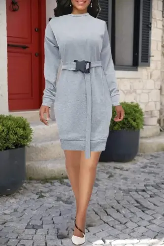 Kadın Uzun Kollu Bisiklet Yaka Kuşaklı Iki Iplik Elbise - BÜYÜKBEDENIZ (1)