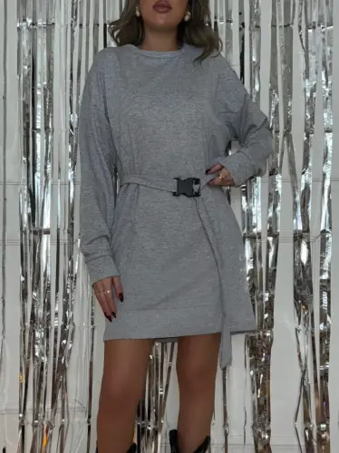 Kadın Uzun Kollu Bisiklet Yaka Kuşaklı Iki Iplik Elbise - 5