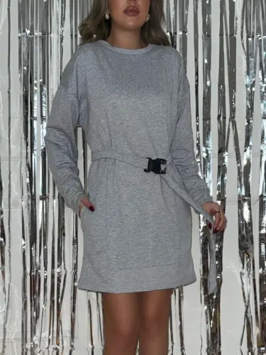 Kadın Uzun Kollu Bisiklet Yaka Kuşaklı Iki Iplik Elbise - 6