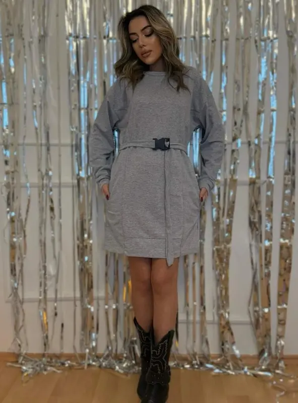 Kadın Uzun Kollu Bisiklet Yaka Kuşaklı Iki Iplik Elbise - 9