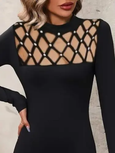 Kadın Uzun Kollu Bisiklet Yaka Lazer Kesim Inci Detay Viskon Iki Iplik Mini Boy Elbise - 2