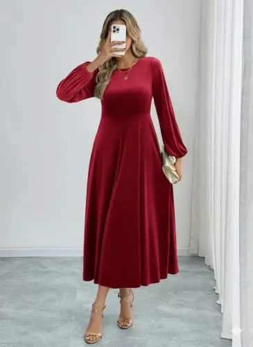 Kadın Uzun Kollu Bisiklet Yaka Midi Kadife Elbise - 4