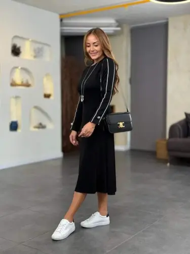 Kadın Uzun Kollu Bisiklet Yaka Midi Modal Elbise - 2