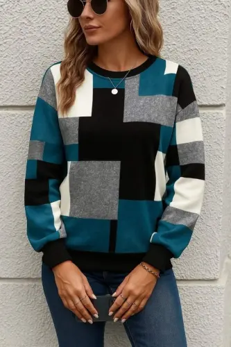 Kadın Uzun Kollu Bisiklet Yaka Renkli Blok Baskı Dalgıç Bluz - 1