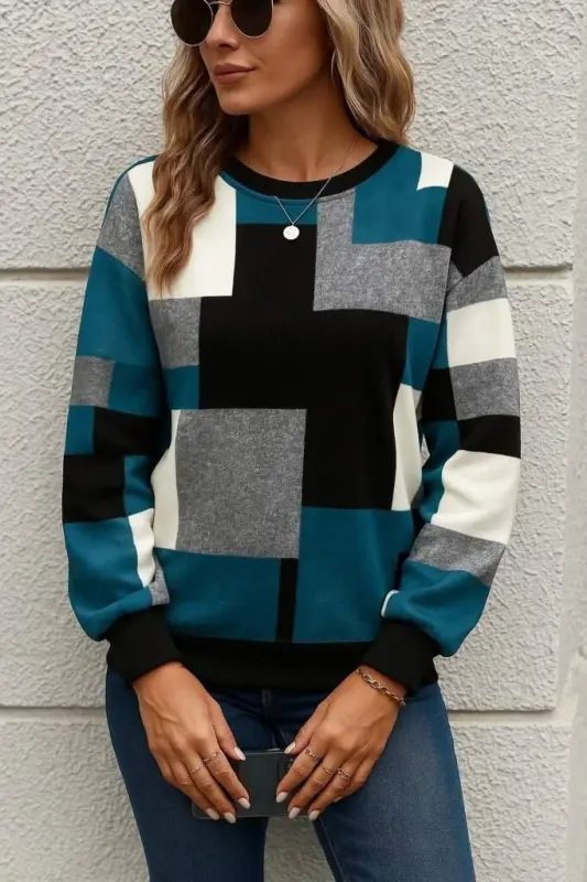 Kadın Uzun Kollu Bisiklet Yaka Renkli Blok Baskı Dalgıç Bluz - 1