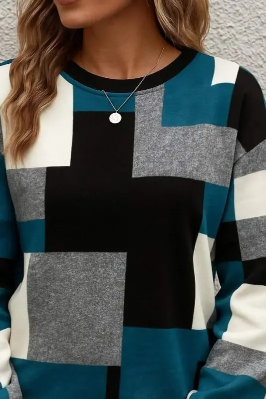 Kadın Uzun Kollu Bisiklet Yaka Renkli Blok Baskı Dalgıç Bluz - 2
