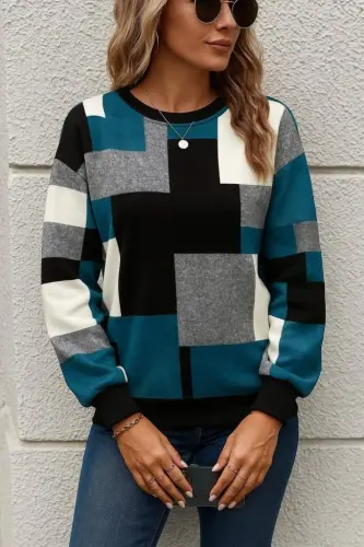 Kadın Uzun Kollu Bisiklet Yaka Renkli Blok Baskı Dalgıç Bluz - 3